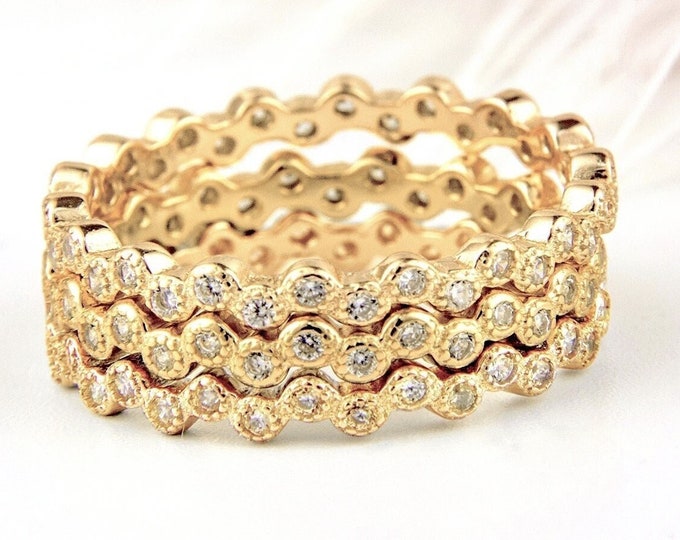 3 Piece Yellow Gold Eternity Stack Bands Band Bridal Ring CZ Cubic Zirconia 925 Sterling Silver 4-10