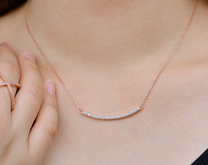 Rose Gold Curved Bar Pendant Sideways Pave Set CZ Cubic Zirconia Necklace 925 16" + 2