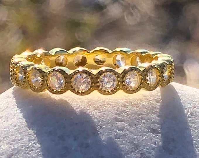 Yellow Gold Bezel Milgrain 1.10 TCW CZ Stackable Eternity Stacking Band 3 mm Bridal Wedding Ring Cubic Zirconia 925 Silver Size 4-10