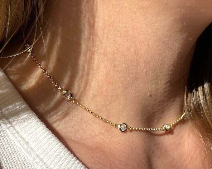 Yellow Gold CZ Station Necklace: Dainty Sterling Silver Choker (14-17 Inch)