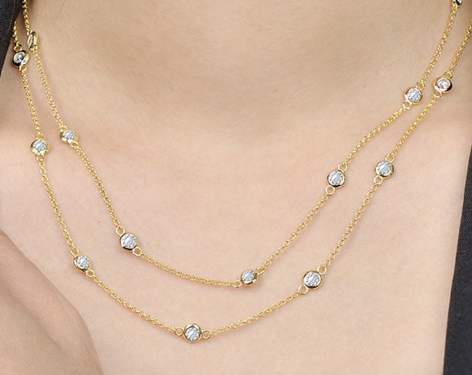 36" Inch Yellow Gold 4.5 TCW Round Bezel Clear CZ 3 mm CZ's By The Yard 12 Station Necklace