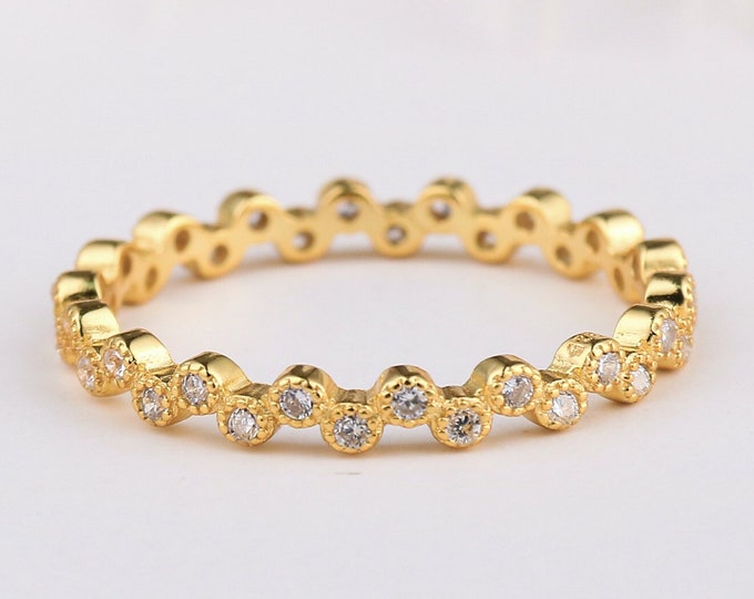 Yellow Gold Bezel Set .30 TCW CZ Stackable Eternity Layering Band 2 mm Bridal Wedding Ring Cubic Zirconia 925 Sterling Silver Size 4-10