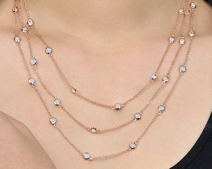 60" Inch Rose Gold Plated Station Necklace Cubic Zirconia Bezel By The Yard 925 Silver Long Necklace