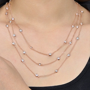 60" inch roségouden vergulde stationsketting met zirkonia-ring op maat gesneden 925 zilveren lange ketting
