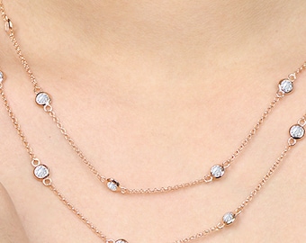 36" Inch 4.5 TCW Rose Gold Round  CZ Bezel By The Yard Station 925 Sterling Silver Long Necklace