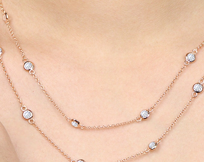 36" Inch 4.5 TCW Rose Gold Round  CZ Bezel By The Yard Station 925 Sterling Silver Long Necklace