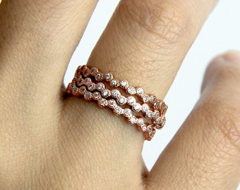 3 Piece Ring Set Rose Gold CZ Stack Zig Zag Wavy Eternity Band Ring CZ Cubic Zirconia 925 Sterling