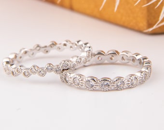 2 Piece CZ Stack Eternity Band Ring Set Bridal Wedding Ring Cubic Zirconia 925 Sterling Silver Size 5-10