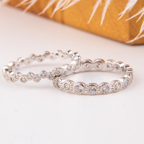2 Piece CZ Stack Eternity Band Ring Set Bridal Wedding Ring Cubic Zirconia 925 Sterling Silver Size 5-10