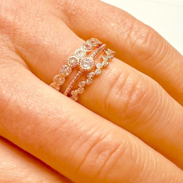 Juego de anillos de 3 piezas de oro rosa con capas de eternidad, anillo de boda nupcial, circonita cúbica, plata de ley 925.