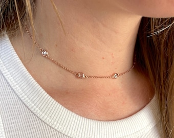 Rose Gold CZ Station Necklace: Sterling Silver Choker, Adjustable 14-17 Inch