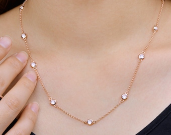 18” Length Rose Gold Plated CZ Bezel By The Yard Station 925 Sterling Silver Necklace