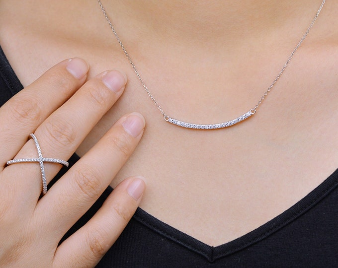 Curved Sideways Bar Pendant Pave Set CZ Cubic Zirconia 925 Sterling Silver Necklace 16 + 2" with Extender
