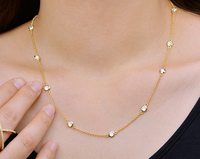 18" Yellow Gold Round CZ Bezel By The Yard Station 925 Sterling Silver Necklace 18" Inch