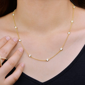 18&quot; Yellow Gold Round CZ Bezel By The Yard Station 925 Sterling Silver Necklace 18&quot; Inch