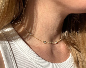 Dainty 14 - 17 Inch Yellow Gold CZ 9 Station Choker 3 mm Round Bezel CZ's By The Yard Adjustable 925 Necklace 14-17 Inch Extender