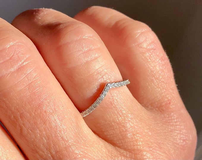 Sterling Silver Geometric V Chevron Ring Guard .20 TCW Channel Set Cubic Zirconia Stackable 925 CZ Ring
