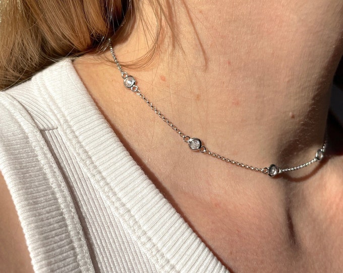 Delicate 14 - 17” Choker CZ Station Yard Necklace 3 mm Round Bezel CZ's By The Yard 5A Grade Cubic Zirconia Stones