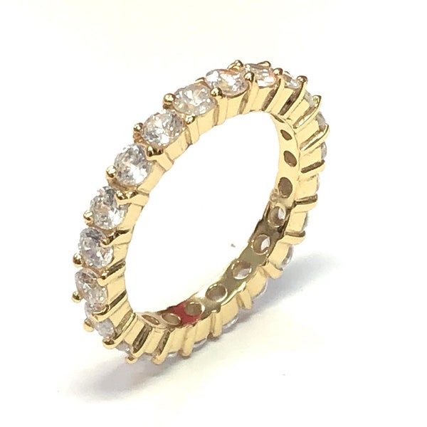 Round Cut Cubic Zirconia Eternity Band - 925 Sterling Silver Yellow Gold Plated CZ Wedding Anniversary Stackable Ring, Sizes 5-10