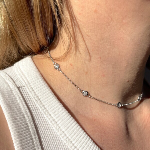 Delicate 14 - 17” Choker CZ Station Yard Necklace 3 mm Round Bezel CZ's By The Yard 5A Grade Cubic Zirconia Stones