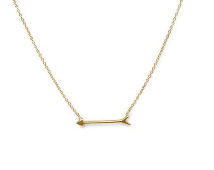 14k Yellow Gold Plated Minimalist Sideways Arrow Pendant 925 Sterling Silver Necklace 16+2 inch Chain
