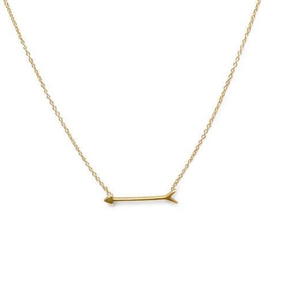 14k Yellow Gold Plated Minimalist Sideways Arrow Pendant 925 Sterling Silver Necklace 16+2 inch Chain