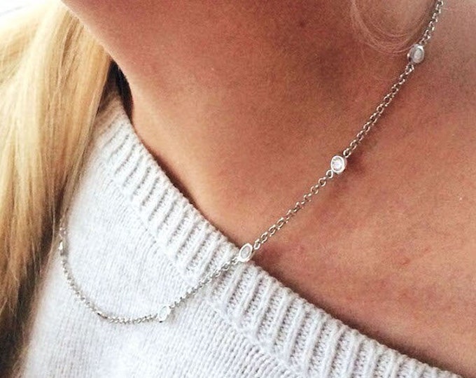 Sterling Silver CZ Station Necklace - 18 Inch Grade 5A Stones