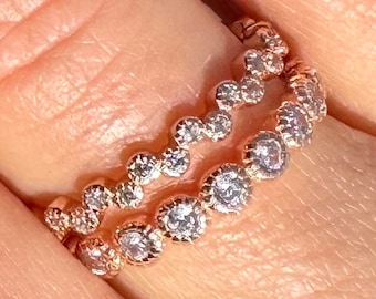 2 Piece Baroque Rose Gold Cubic Zirconia Ring Set: Sterling Silver Eternity Stack Bands