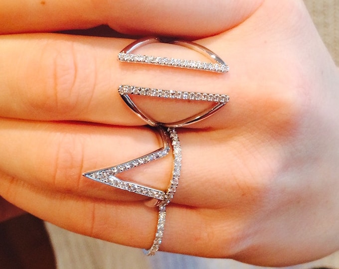 Deep V CZ Chevron Silver Geometric Stacking Pave Set Cubic Zirconia Midi Ring Size 5-10