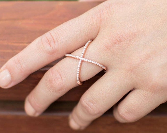 Rose Gold Plated Geometric X Criss Cross Orbit Ring 925