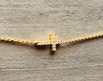 Dainty Cross Pendant 14k Yellow Gold CZ Encrusted Sideways Cross Minimalist Necklace 18" Chain Cubic Zirconia  .925 Sterling Silver