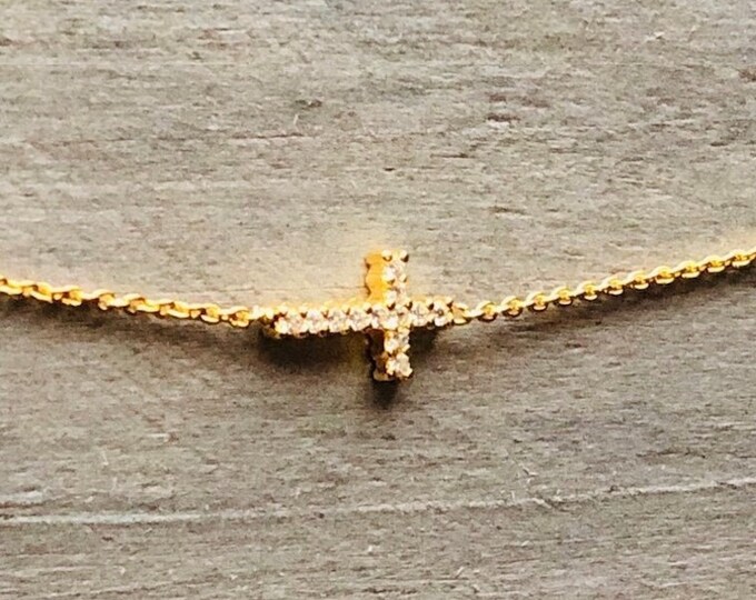 Dainty Cross Pendant 14k Yellow Gold CZ Encrusted Sideways Cross Minimalist Necklace 18" Chain Cubic Zirconia  .925 Sterling Silver