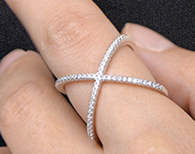 Cubic Zirconia Crossover X Geometric Crisscross Circle Orbit Ring .925 Sterling Silver Size 5-10