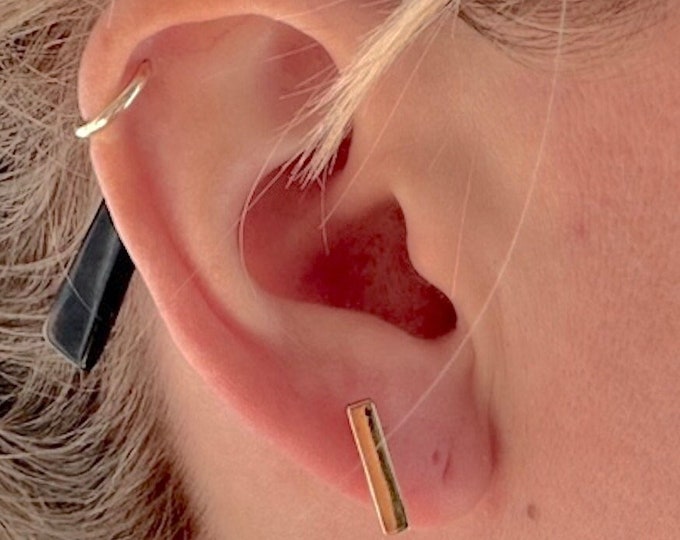 14K Rose Gold Plated Geometric Bar Stud Earrings 925 3mm x 13mm Minimalist Jewelry