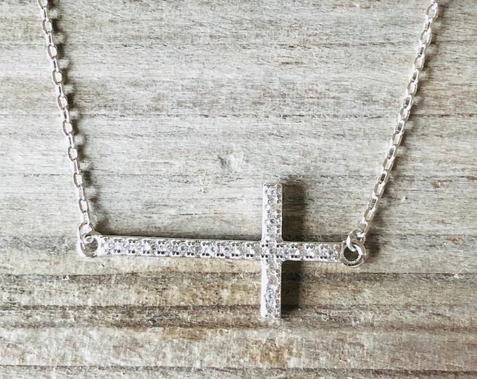 Pave CZ Encrusted Sideways Cross Pendant Necklace 14" + 2 " Chain Cubic Zirconia  .925 Sterling Silver
