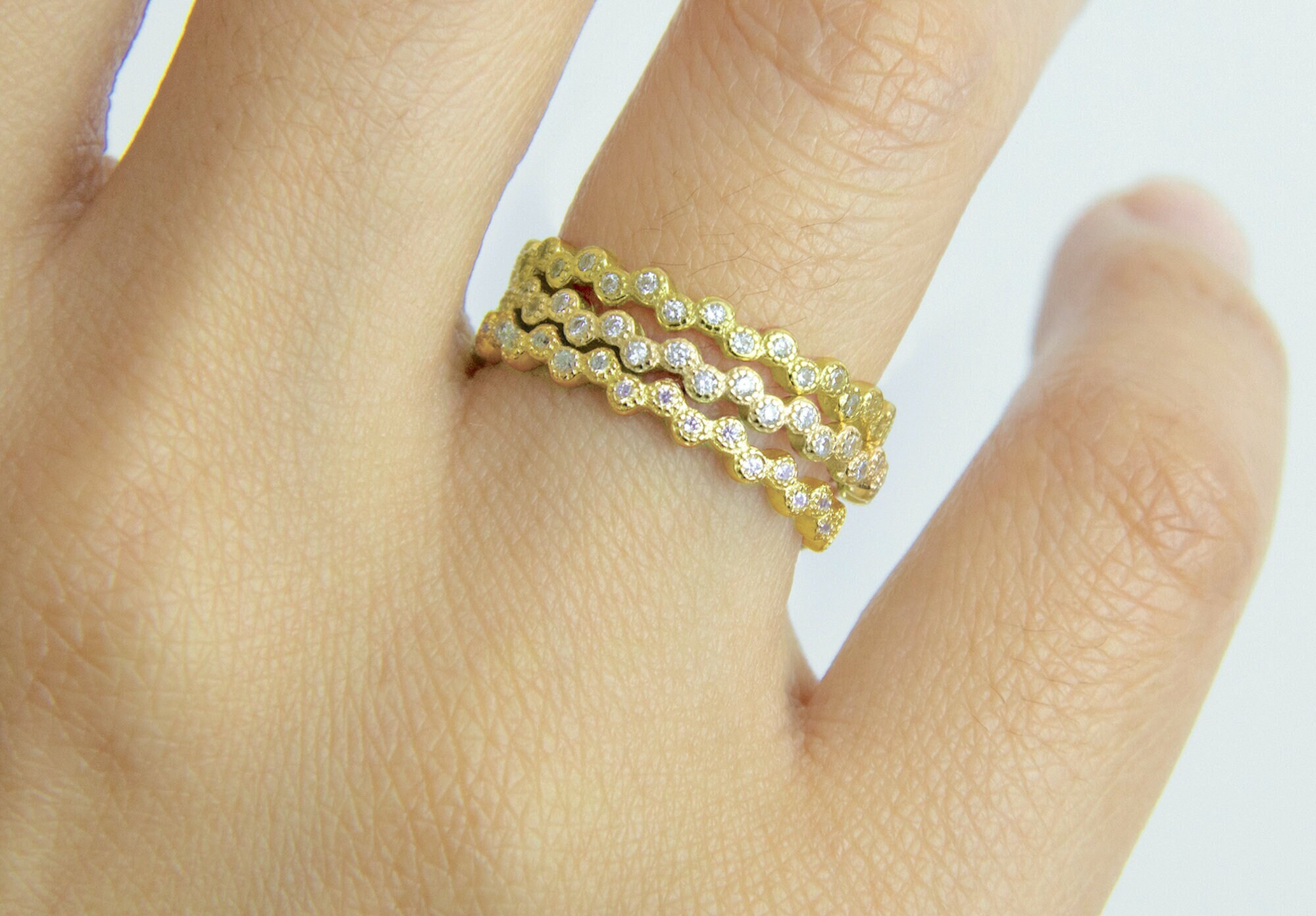 thumbnail interactive-video image 1 of 3PCS Gold Stackable Rings For Women – Non-Tarnish 14K Gold Plated Stainless Steel With Cubic Zirconia 1 of 9