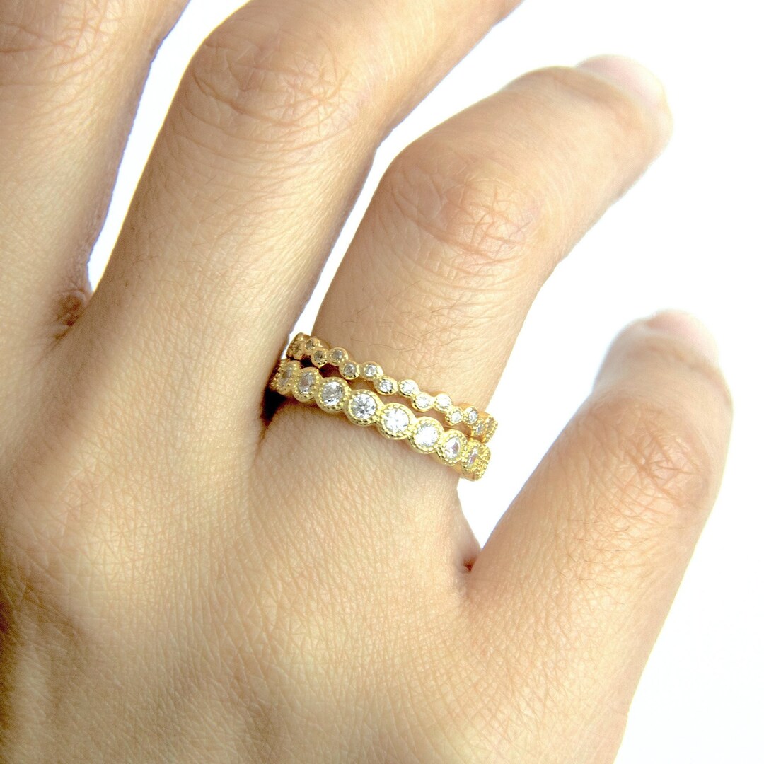 2 Piece Yellow Gold Cubic Zirconia Baroque Eternity Ring Set: Sterling ...