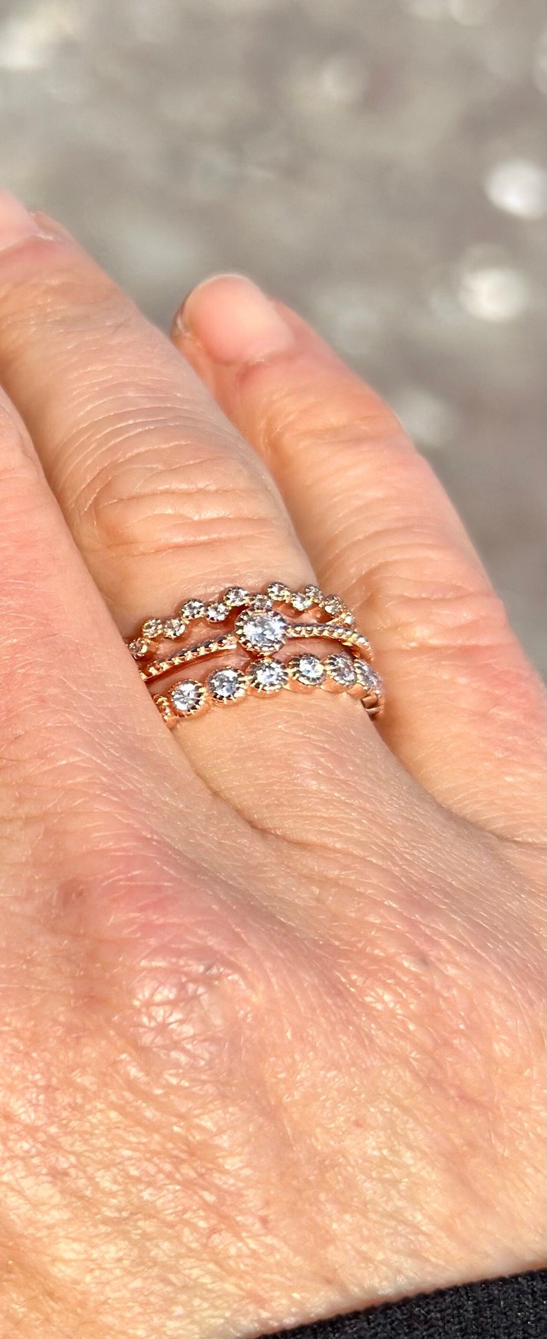 Juego de anillos de 3 piezas de oro rosa con capas de eternidad, anillo de boda nupcial, circonita cúbica, plata de ley 925. imagen 3