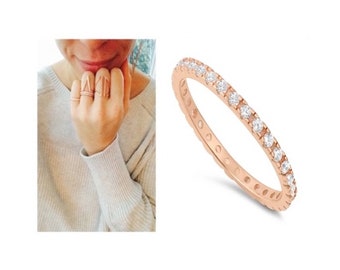 Rose Gold 1.8 mm CZ Cubic Zirconia Plated 925 Sterling Silver Stackable Eternity Bridal Wedding Anniversary Ring Band Size 4-10