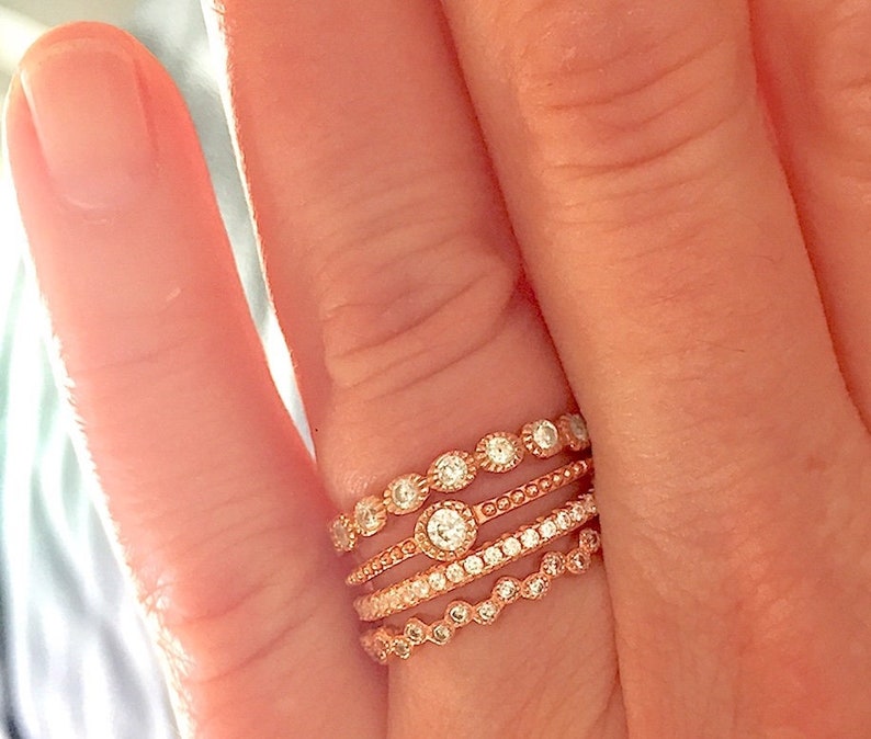 Rose Gold 3 Piece Stack Eternity Layering Band Ring Set Bridal Wedding Ring Band Bands Cubic Zirconia 925 Sterling Silver. image 7