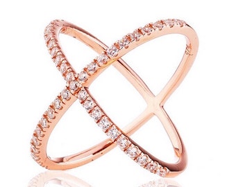 Minimalist 2.45 TCW Rose Gold Pave CZ Cubic Zirconia X Geometric Crisscross Circle Orbit Ring .925 Sterling Silver Size 5-10