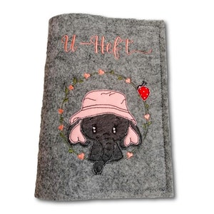 U-Heft Hülle / U-Hefthülle mit Namen /  Impfpass Hülle / Untersuchungsheft Hülle / Filz / grau / Elefant