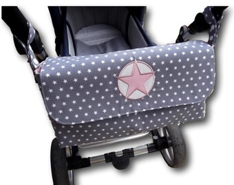 Kinderwagentasche / Organizer für Kinderwagen / Stroller bag / Buggy Organizer / Baumwolle / Stern grau-rosa / 40x20cm