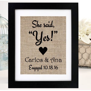 Bridal Shower Gift, Engagement Gift for Couple, Engagement Party Gift, Burlap Print, He Asked She Said Yes, Rustic Wedding Gift, Bride Gift