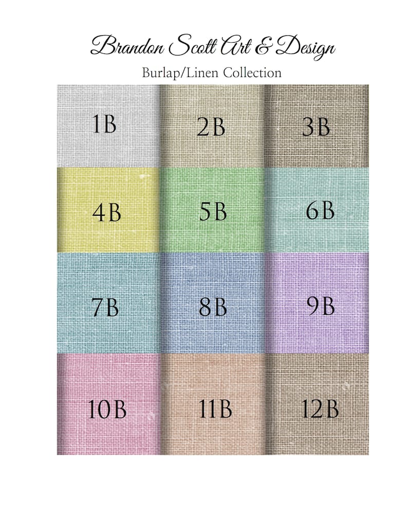 May include: A collection of 12 fabric swatches in various colors and textures, labeled 1B through 12B. The swatches are arranged in a grid pattern. The fabric is described as burlap/linen.