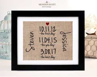 May include: A framed burlap print with the names "Steven" and "Jessica" and the dates "10.11.12", "11.04.15", and "3.08.17" with the text "the first day", "the yes day", and "the best day" underneath each date. A red heart is above the dates.