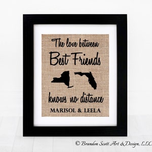 Personalized Best Friends gift, The love between Best Friends, Long Distance States, Long Distance Frame, Best Friend Gift, Burlap Print