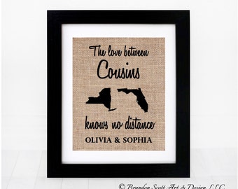 Personalized Cousins gift, The love between Cousins, Long Distance States, Long Distance Frame, Cousin Gift, Burlap Print, Cousins