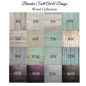 May include: A collection of 16 wood samples, labeled 1W through 16W, showcasing different wood grains and colors. The wood samples are arranged in a grid pattern.