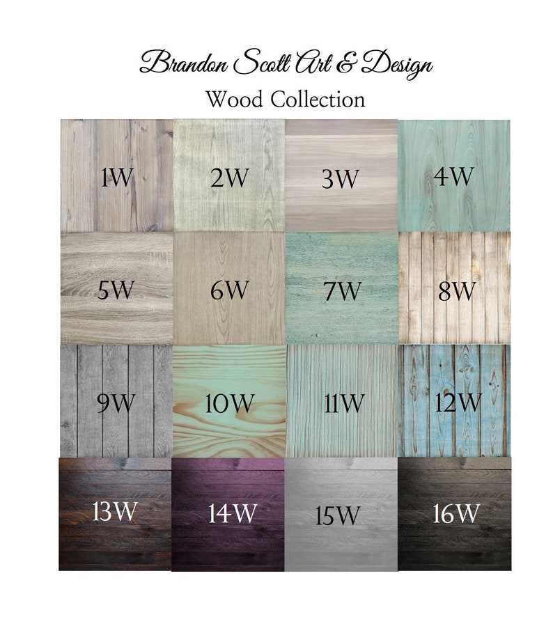 May include: A collection of 16 wood samples, labeled 1W through 16W, showcasing different wood grains and colors. The wood samples are arranged in a grid pattern.